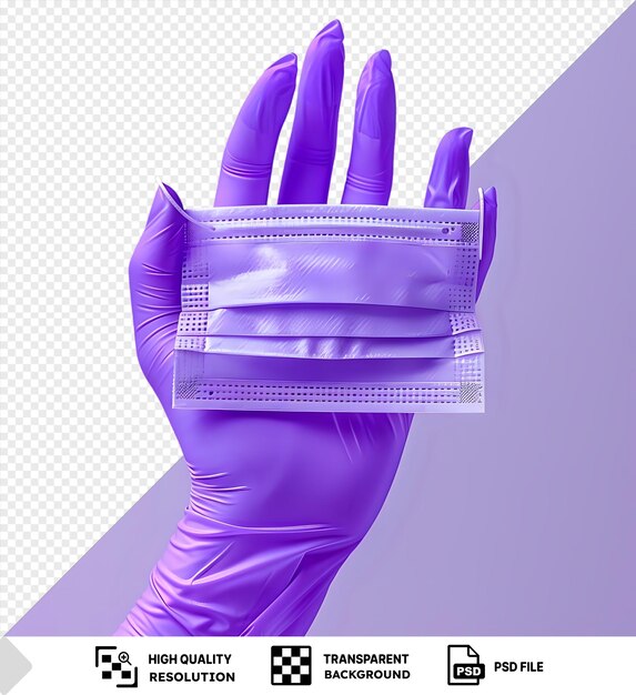 PSD gloved hand holding a face mask on purple background png