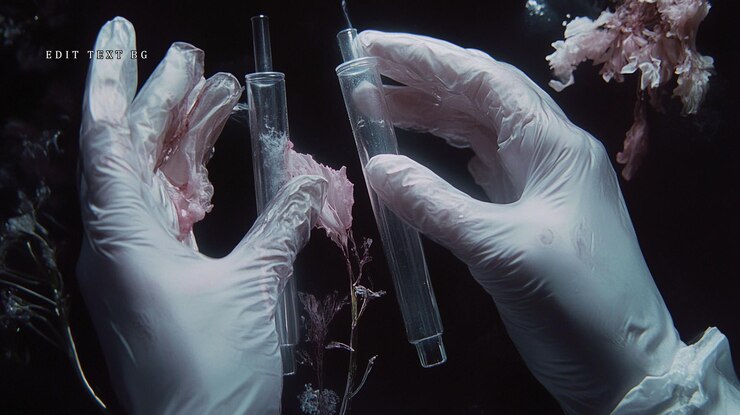 PSD gloved hands hold test tubes with pink flowers and seaweed underwater