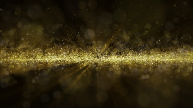 PSD il bagliore di particelle di polvere d'oro glitter scintilla sfondo astratto per la celebrazione con raggio di luce e splendore nel centro. vola attraverso.