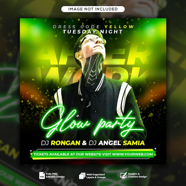 Glow night club dj party flyer social media post template or web banner