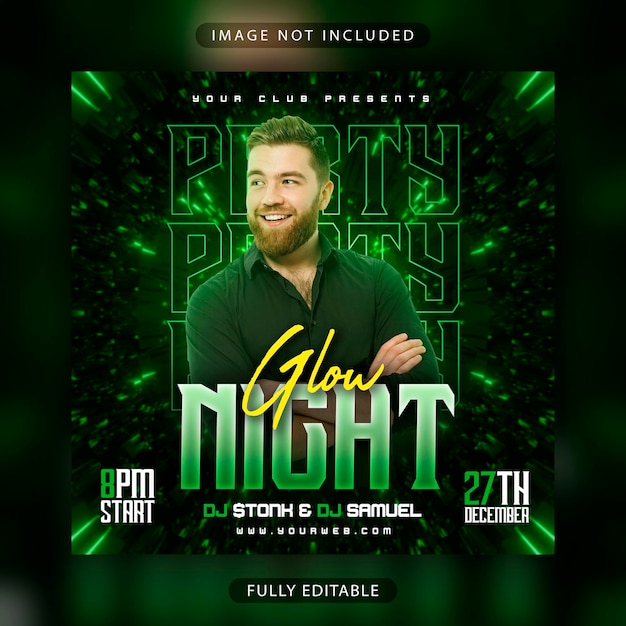 PSD glow night party flyer or promotional social media banner template free psd