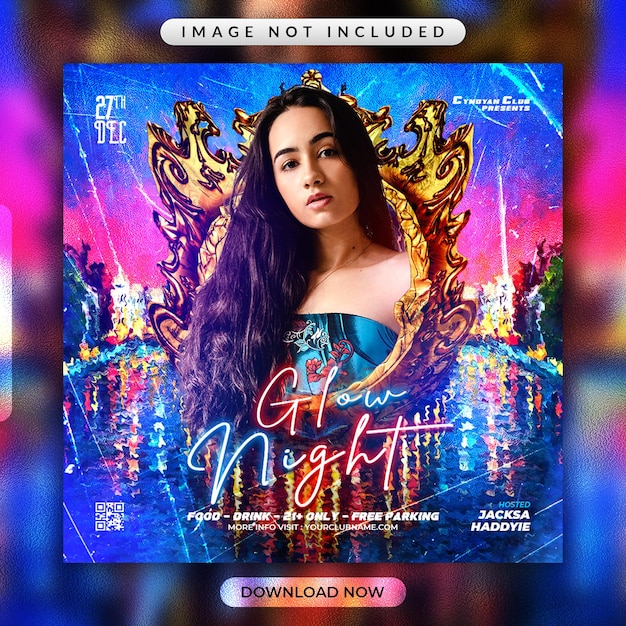 Флаер вечеринки Glow Night или шаблон рекламного баннера в социальных сетях