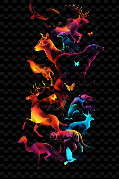 PSD glowing animals and wildlife overlapping animal shapes in th y2k texture shape background decor art