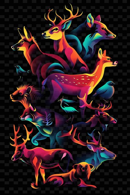 Glowing animals and wildlife overlapping animal shapes in y2k texture shape background decor art