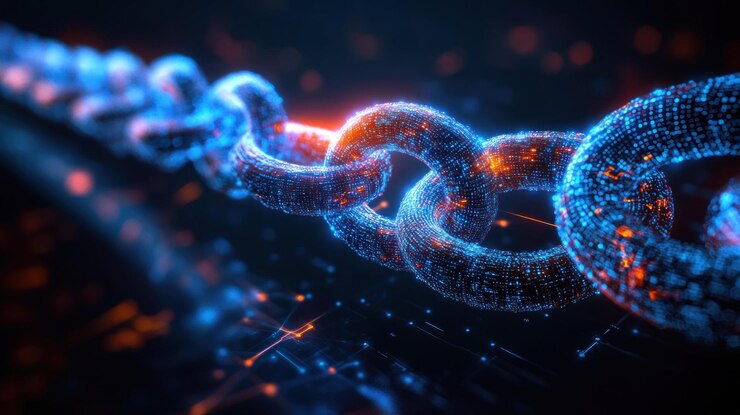 PSD a glowing blue chain with a single link glowing orange