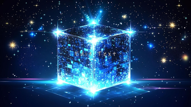 PSD glowing blue cube in space digital art