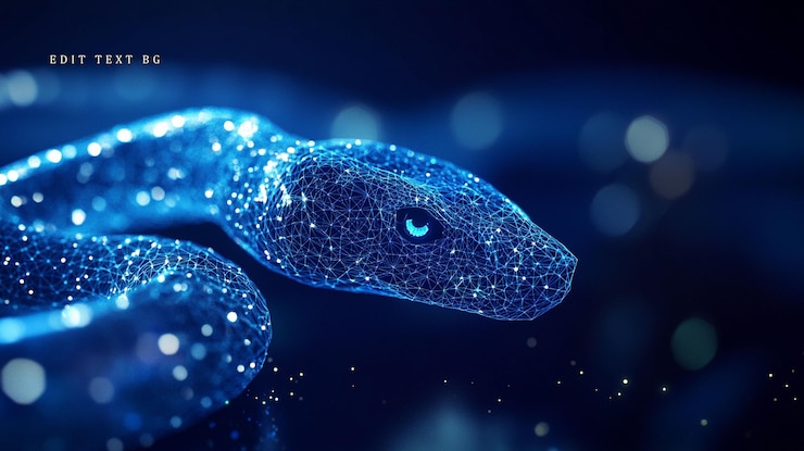 PSD glowing blue digital snake futuristic reptile technology concept