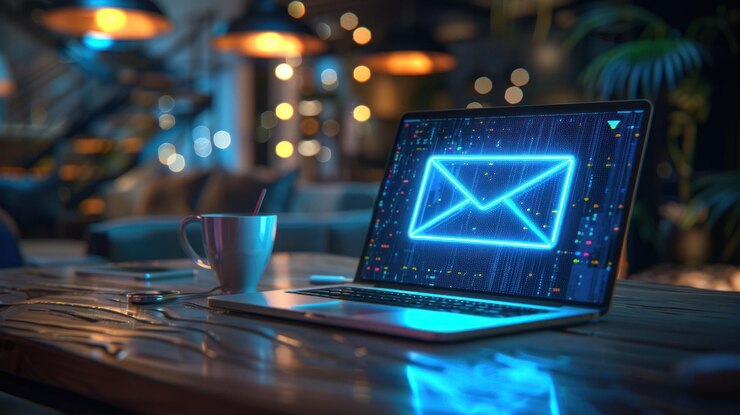 PSD a glowing blue email icon on a laptop screen with a cup of coffee and a mobile phone on a wooden desk in a dimly lit room