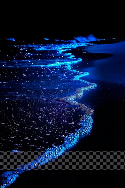 The glowing blue water on the beach is shining on transparent background
