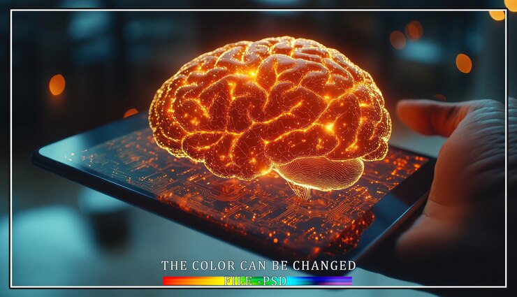 PSD a glowing brain floats above a tablet representing artificial intelligence and the power