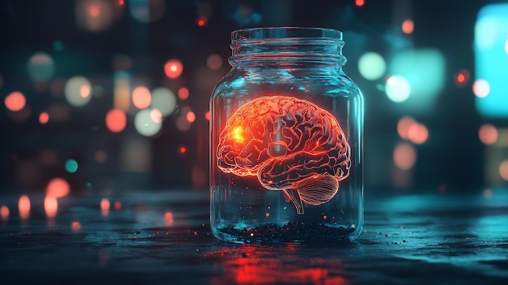 PSD glowing brain inside a glass jar on a dark surface with bokeh lights