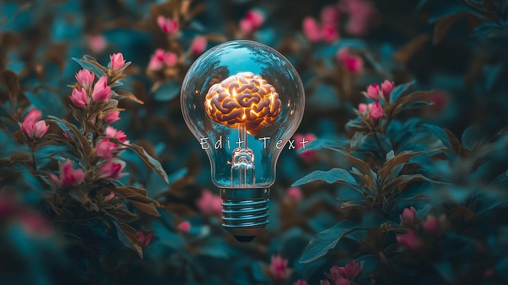 PSD glowing brain inside lightbulb among flowers