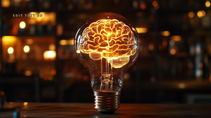PSD glowing brainshaped lightbulb on wooden surface