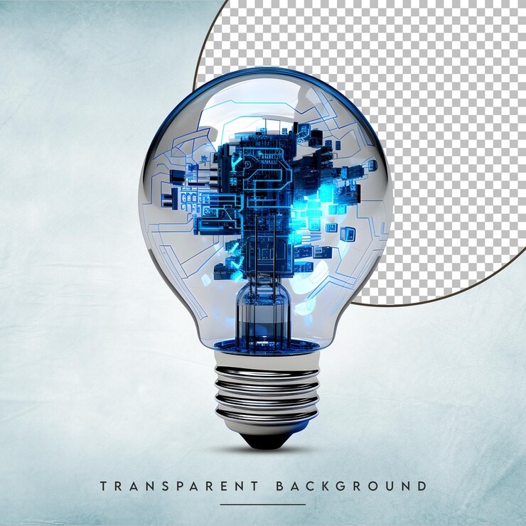 PSD glowing bulb isolated on a transparent background with concept of technology