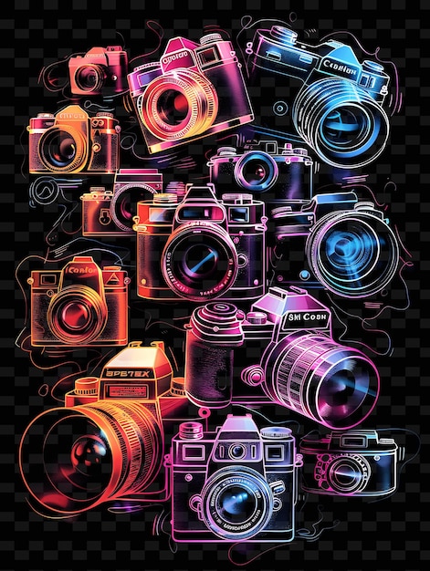 PSD glowing cameras and photography related elements overlapping y2k texture shape background decor art