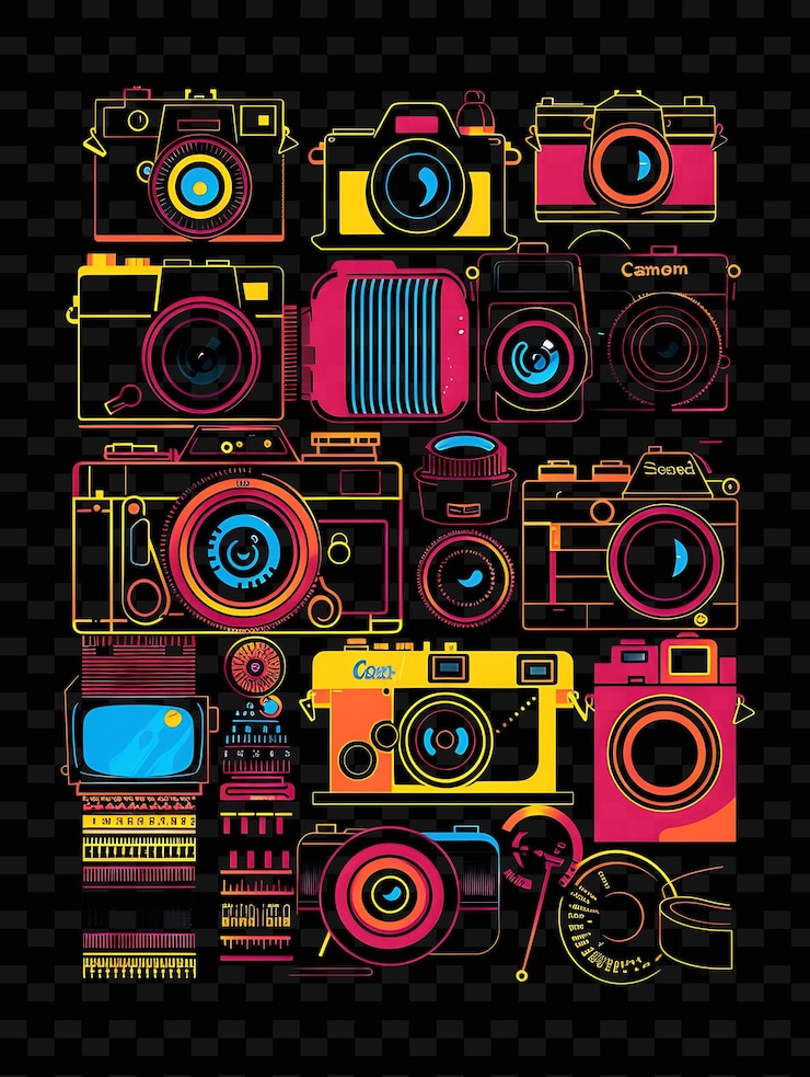 PSD glowing cameras and photography related elements overlapping y2k texture shape background decor art