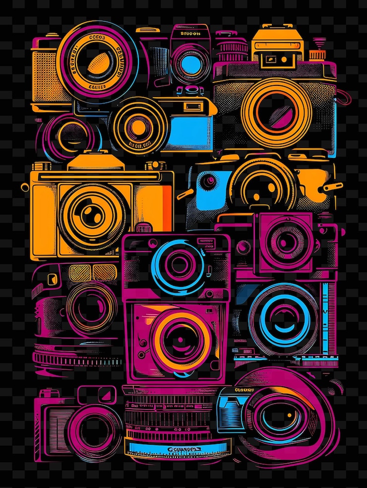 PSD glowing cameras and photography related elements overlapping y2k texture shape background decor art
