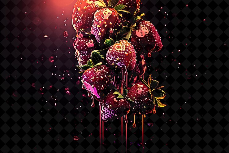 PSD glowing chocolate covered strawberry tower made with fragmen neon color food drink y2k collection