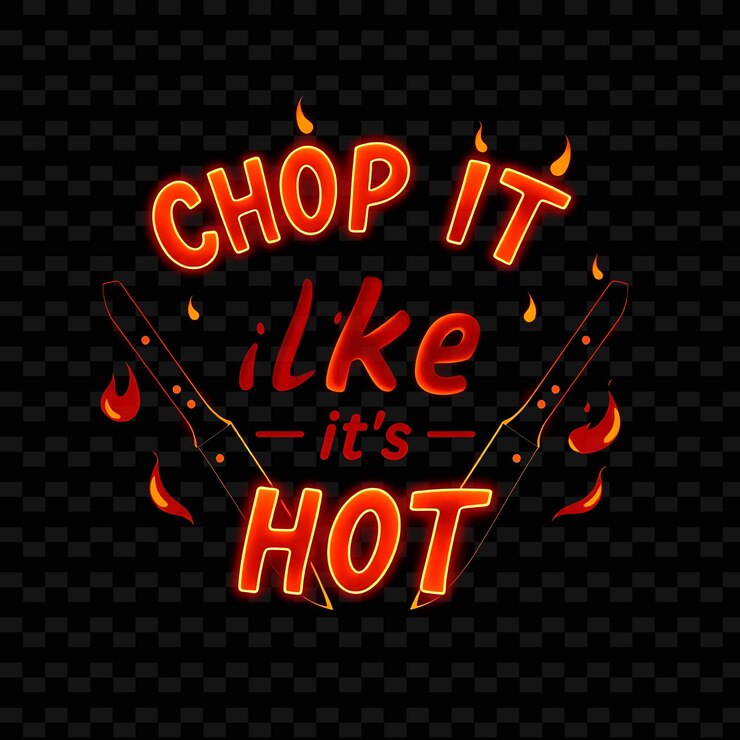 PSD glowing chop it like its hot text flickers w bold red i orange wi neon yummy typography designt