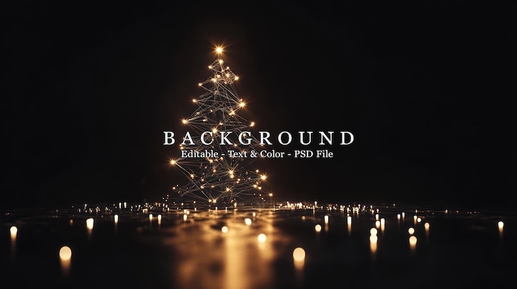 PSD a glowing christmas tree made of lights surrounded by small illuminated candles on a dark background