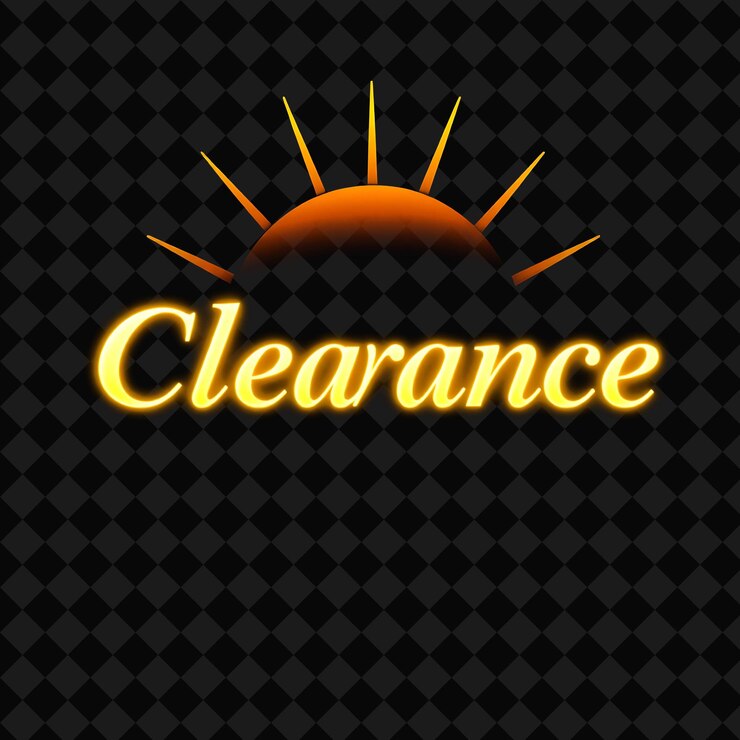 PSD glowing clearance text illuminates in neon warm yellow and gold with shining sunrays sunrise backdro