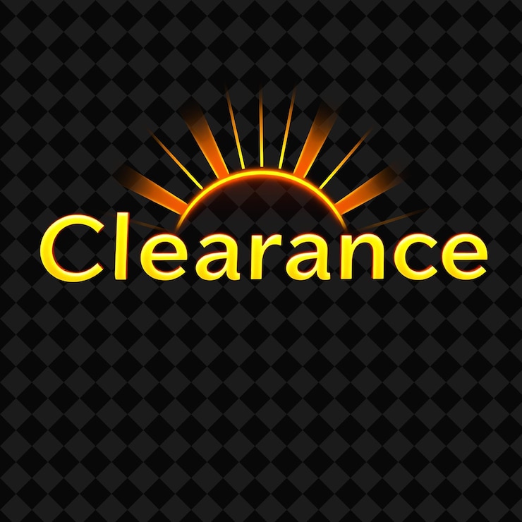 PSD glowing clearance text illuminates in neon warm yellow and gold with shining sunrays sunrise backdro