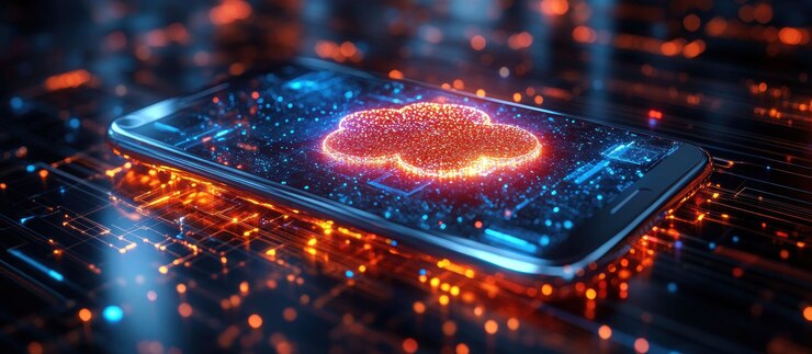 PSD a glowing cloud symbol on a smartphone screen surrounded by digital data
