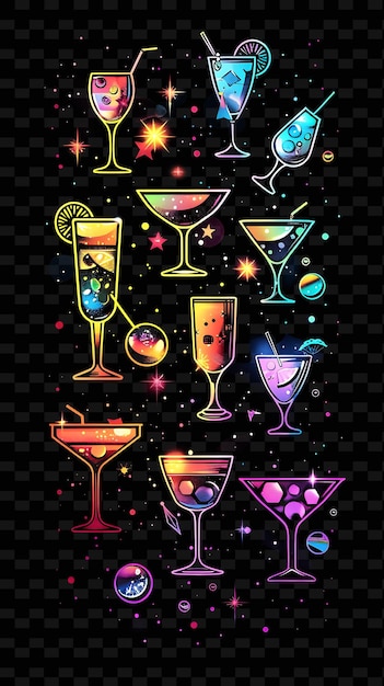 PSD glowing cocktail glasses and party elements scattered cockta y2k texture shape background decor art