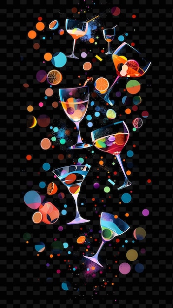 PSD glowing cocktail glasses and party elements scattered cockta y2k texture shape background decor art