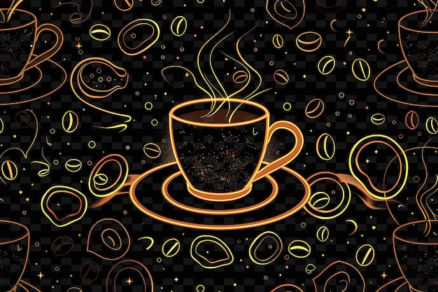 PSD glowing coffee cups and beans scattered and stacked coffee r y2k texture shape background decor art