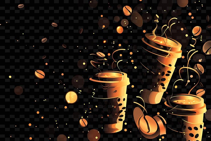 PSD glowing coffee cups and beans scattered and stacked coffee r y2k texture shape background decor art