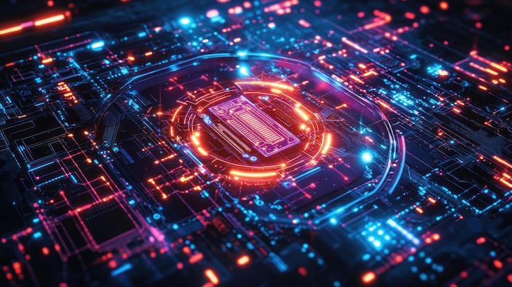 PSD a glowing cpu with neon blue and red lights on a circuit board