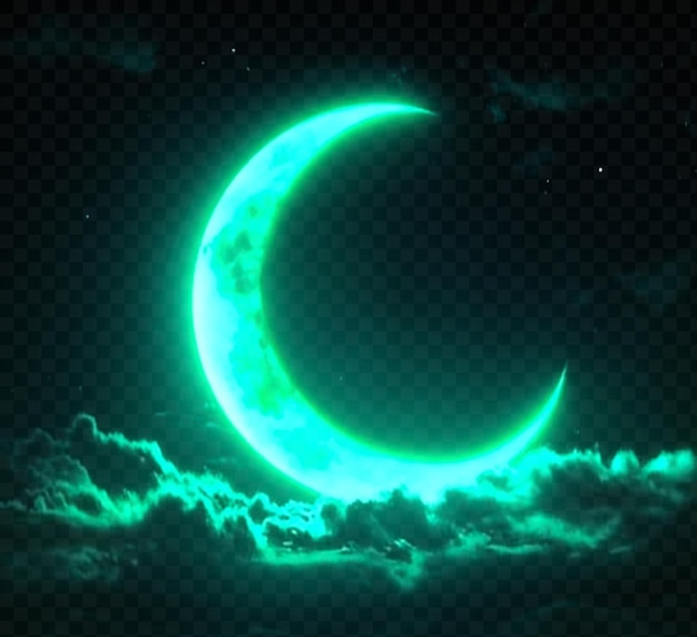 a glowing crescent moon illuminates the night sky on transparent background
