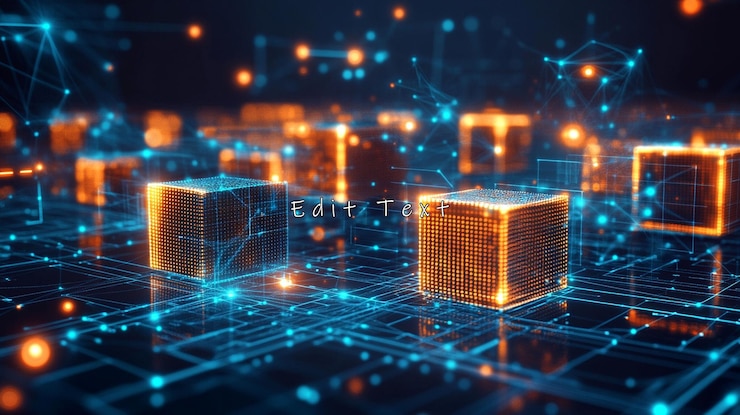 PSD glowing cubes connected by lines in a digital network
