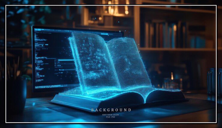 PSD светящаяся цифровая книга летит над закрытой книгой на столе с компьютерным монитором на заднем плане