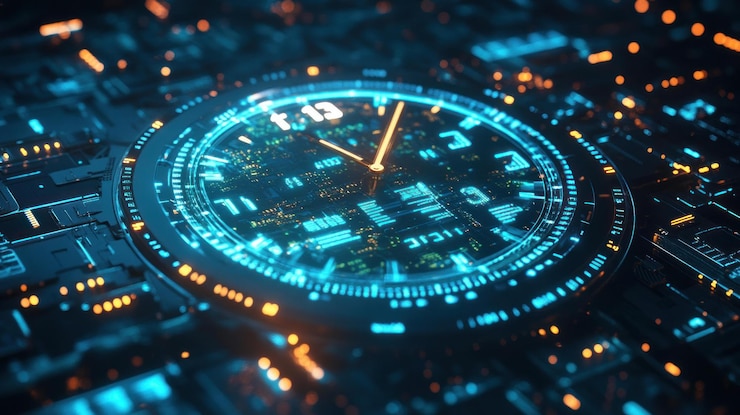 PSD a glowing digital clock with blue and orange lights on a circuit board background