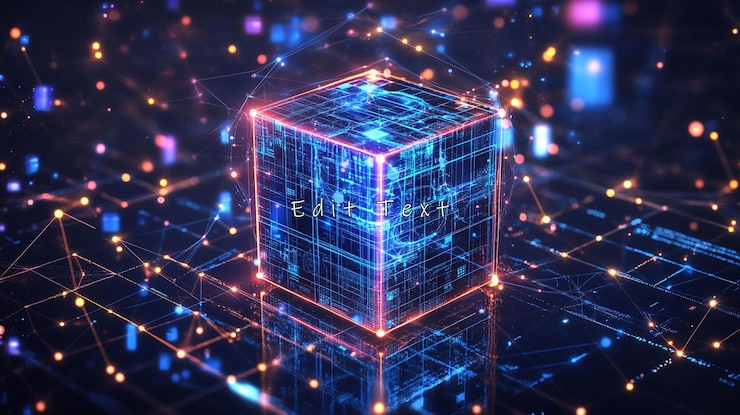 PSD glowing digital cube network data futuristic technology