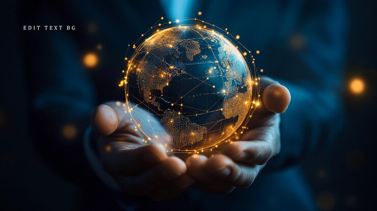 PSD glowing digital earth held in hands symbolizing global network and connection