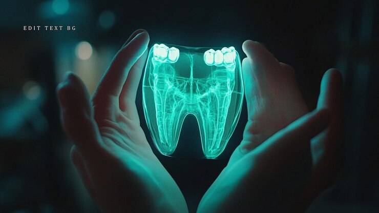 PSD glowing digital tooth model in hands
