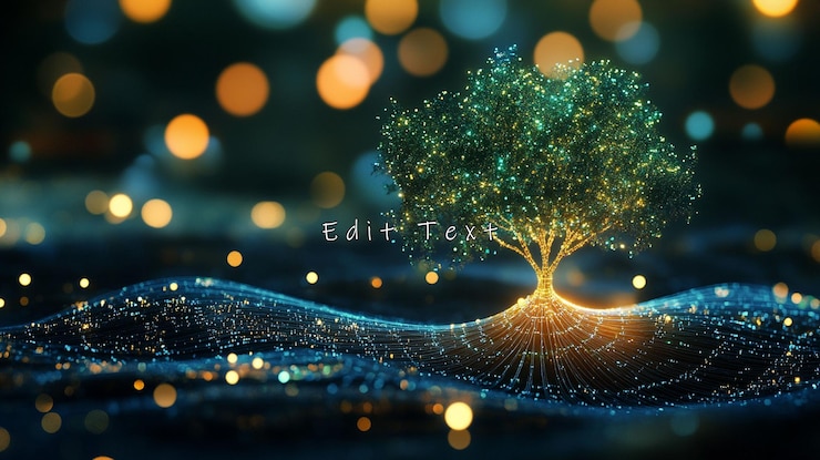 PSD glowing digital tree on abstract landscape