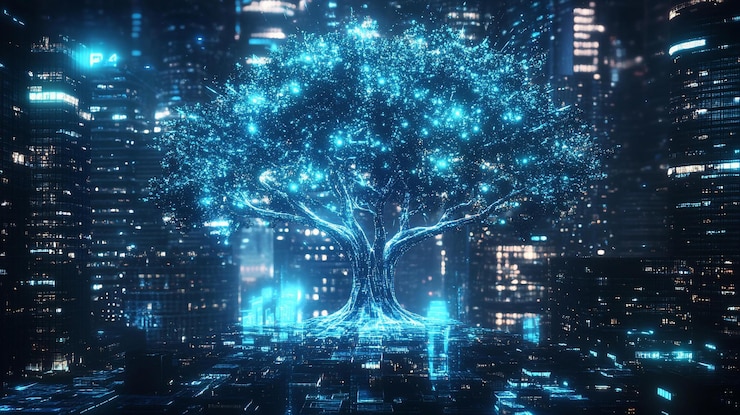 PSD glowing digital tree in futuristic city
