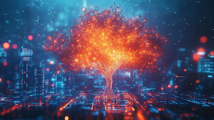 PSD glowing digital tree in futuristic cityscape