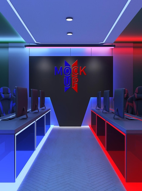 PSD glowing gaming room wall mockup