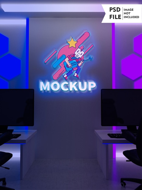 PSD glowing gaming room wall mockup