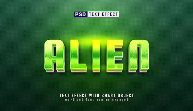 PSD incandescente green alien 3d text effect tipografia futuristica e radiosa