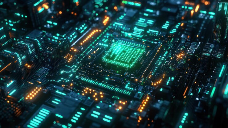 PSD a glowing green cpu at the center of a futuristic circuit board