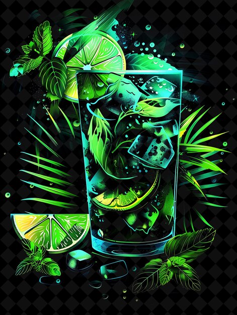 PSD glowing green mojito with muddled mint leaves and lime wedge neon color food drink y2k collection