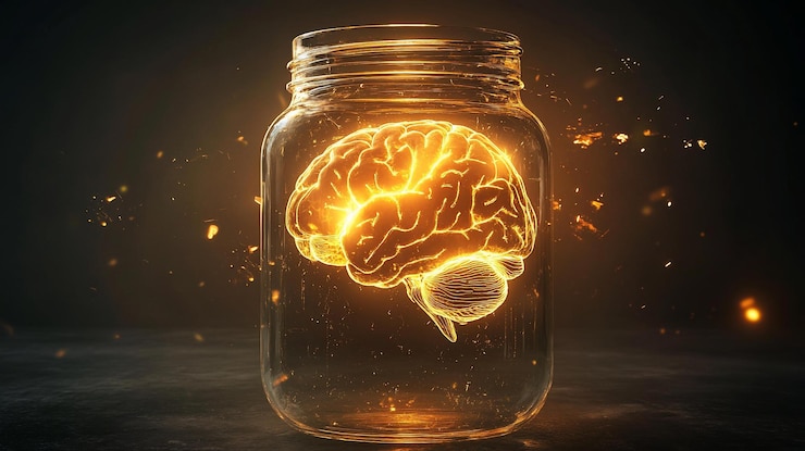 PSD glowing human brain inside a glass jar on dark background