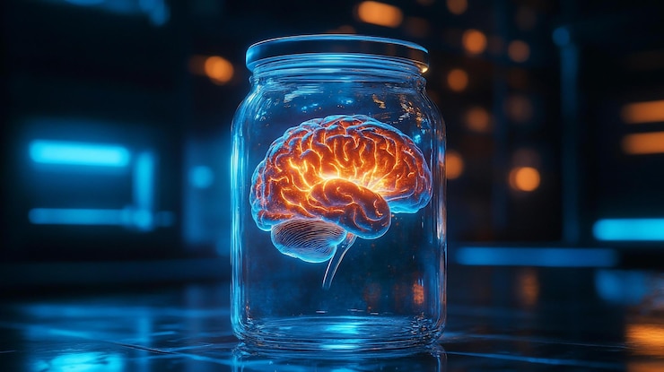 PSD glowing human brain inside a glass jar