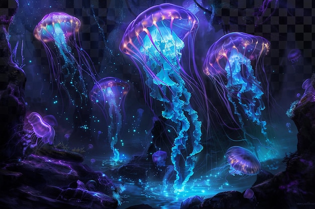 Glowing Jellyfish with Teal and Purple Light on Transparent Background